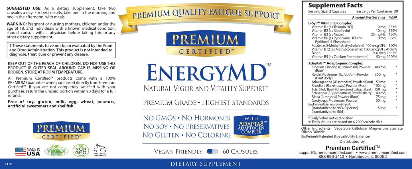 Certified EnergyMD Premium Vitamin B Blend with Adaptogenic Complex and Piperine for Fast Absorption - All Natural Energy Booster - 60 Capsules - Non-GMO, Vegan - Made in USA