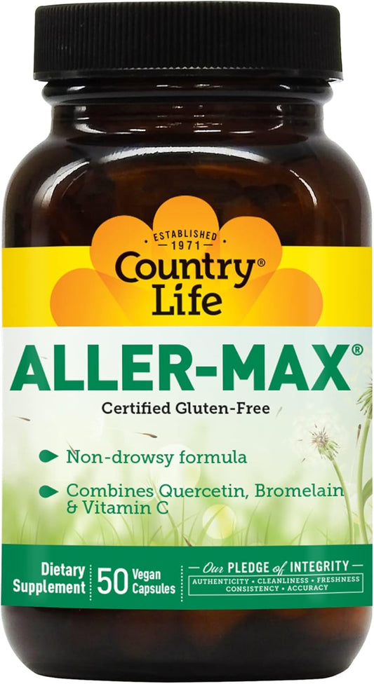 Certified Gluten-Free Aller-Max Quercetin Supplements with Bromelain for Immune Support - Vegan, 50 Capsules