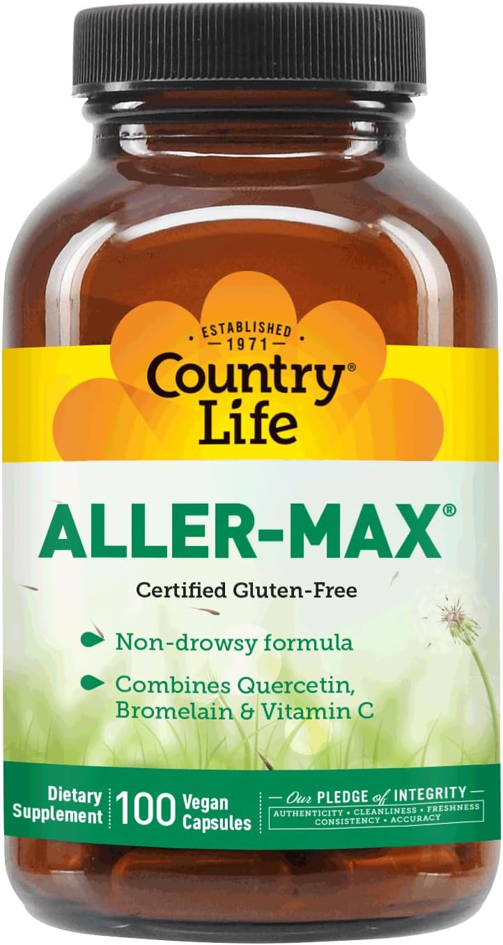 Certified Gluten-Free Aller-Max Quercetin Supplements with Bromelain - Immune Support Vitamin C, Zinc, Botanical Blend - Vegan - 100 Capsules