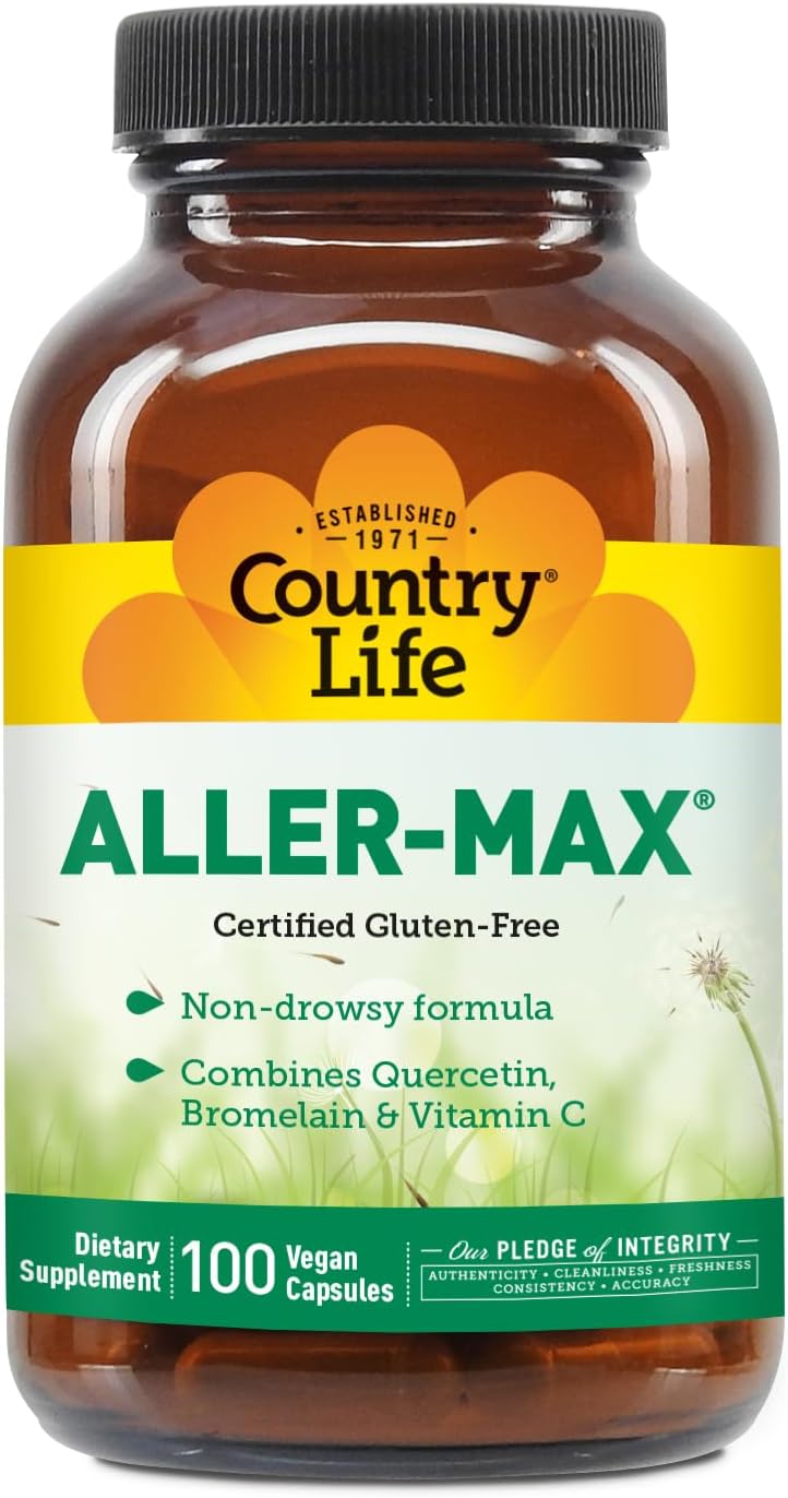 Certified Gluten-Free Aller-Max Quercetin Supplements with Bromelain - Immune Support Vitamin C, Zinc, Botanical Blend - Vegan - 100 Capsules