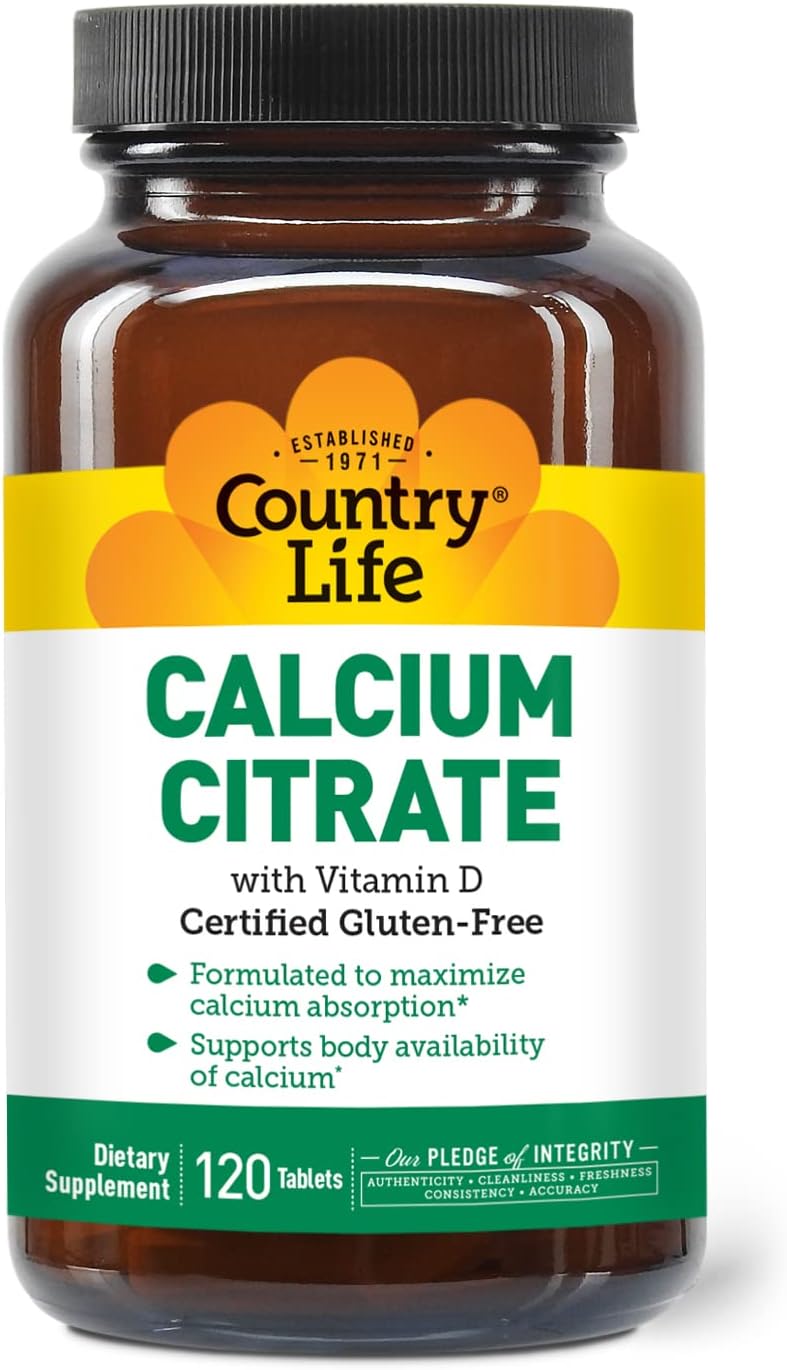 Certified Gluten Free Vegan Halal Non-GMO Calcium Supplement - 120 Tablets - Country Life Calcium Citrate with Vitamin D for Maximized Absorption