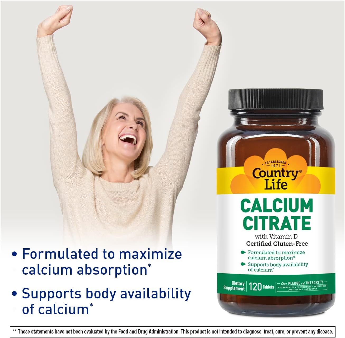 Certified Gluten Free Vegan Halal Non-GMO Calcium Supplement - 120 Tablets - Country Life Calcium Citrate with Vitamin D for Maximized Absorption