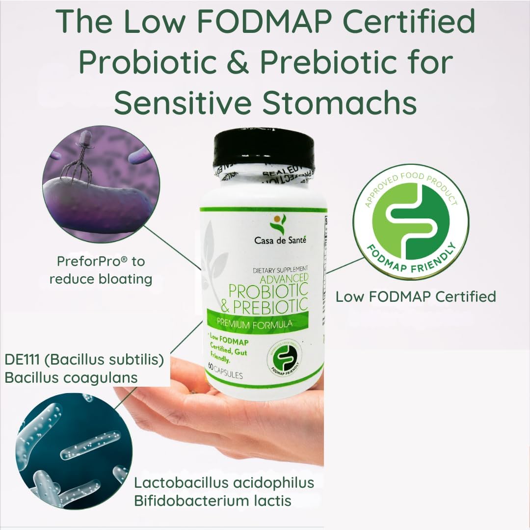Certified Low FODMAP Probiotic & Prebiotic Supplement for IBS, IBD, SIBO - Dairy Free, Vegan, Non GMO - No Gas or Bloating - 60 Capsules