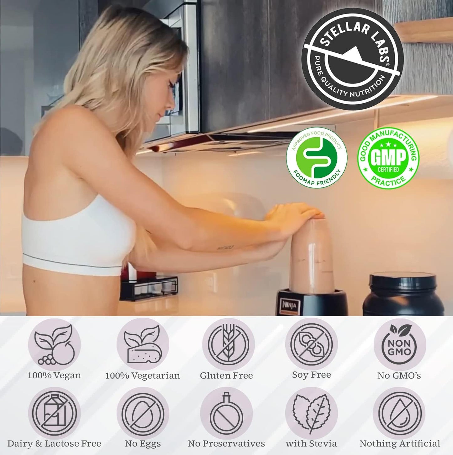 Certified Low FODMAP Vegan Protein Powder with BCAA's, Antioxidants, and Stevia - Gluten Free, Soy Free, Low Carb Chocolate Shakes