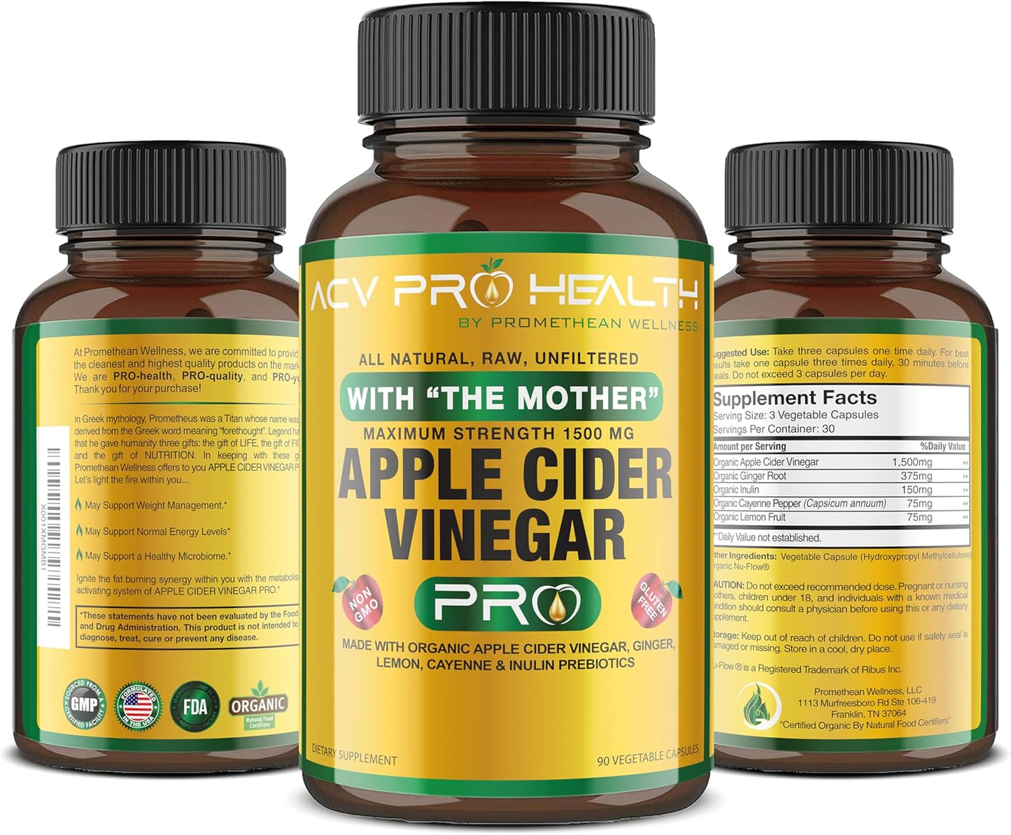 Certified Organic 2-Pack ACV Pro Apple Cider Vinegar Capsules for Detox Cleanse and Acid Reflux Relief - Promethean Wellness Supplement with Ginger and Cayenne Pepper