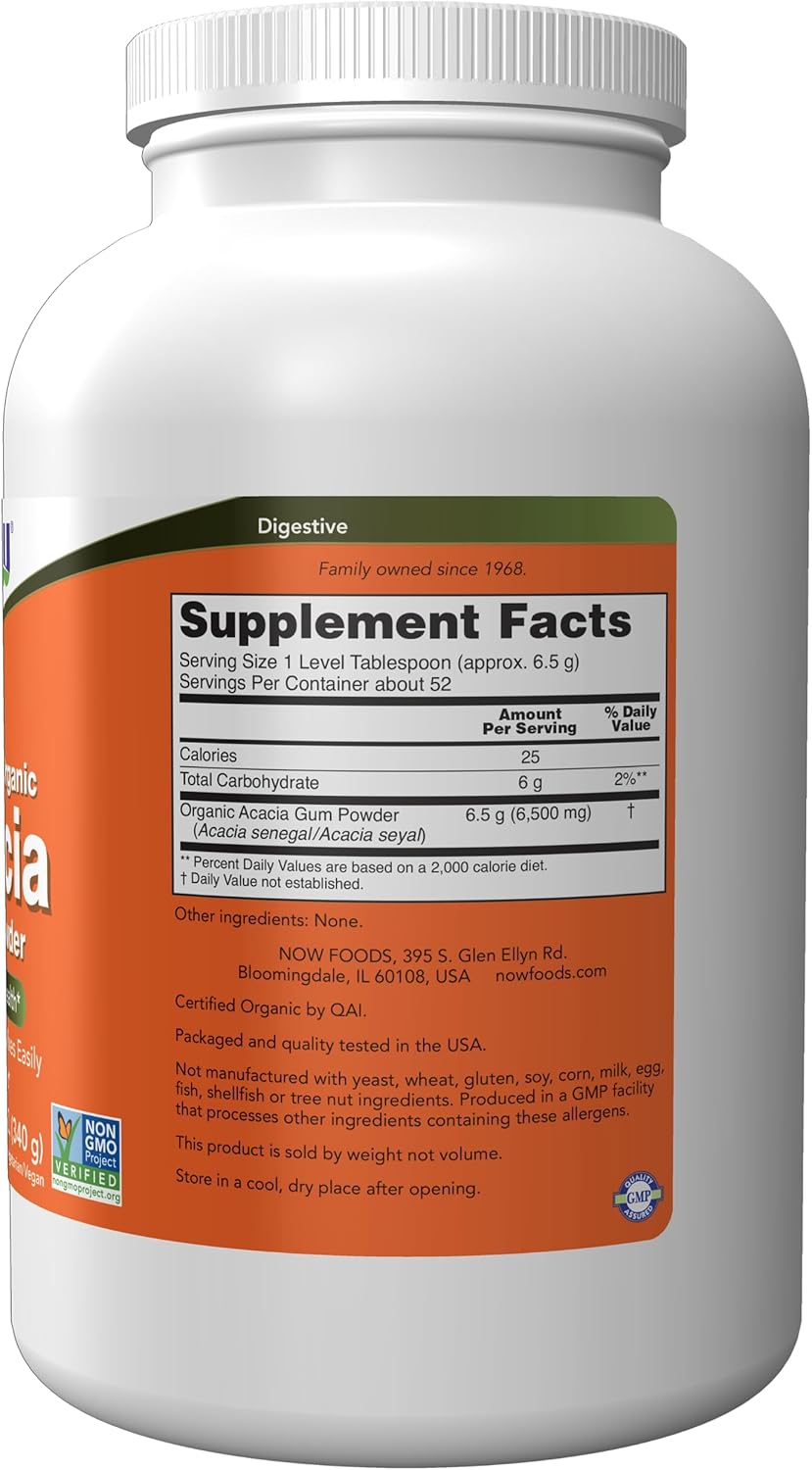 Certified Organic Acacia Pure Powder by NOW Foods - Highly Soluble for Intestinal Health - 12-Ounce Container