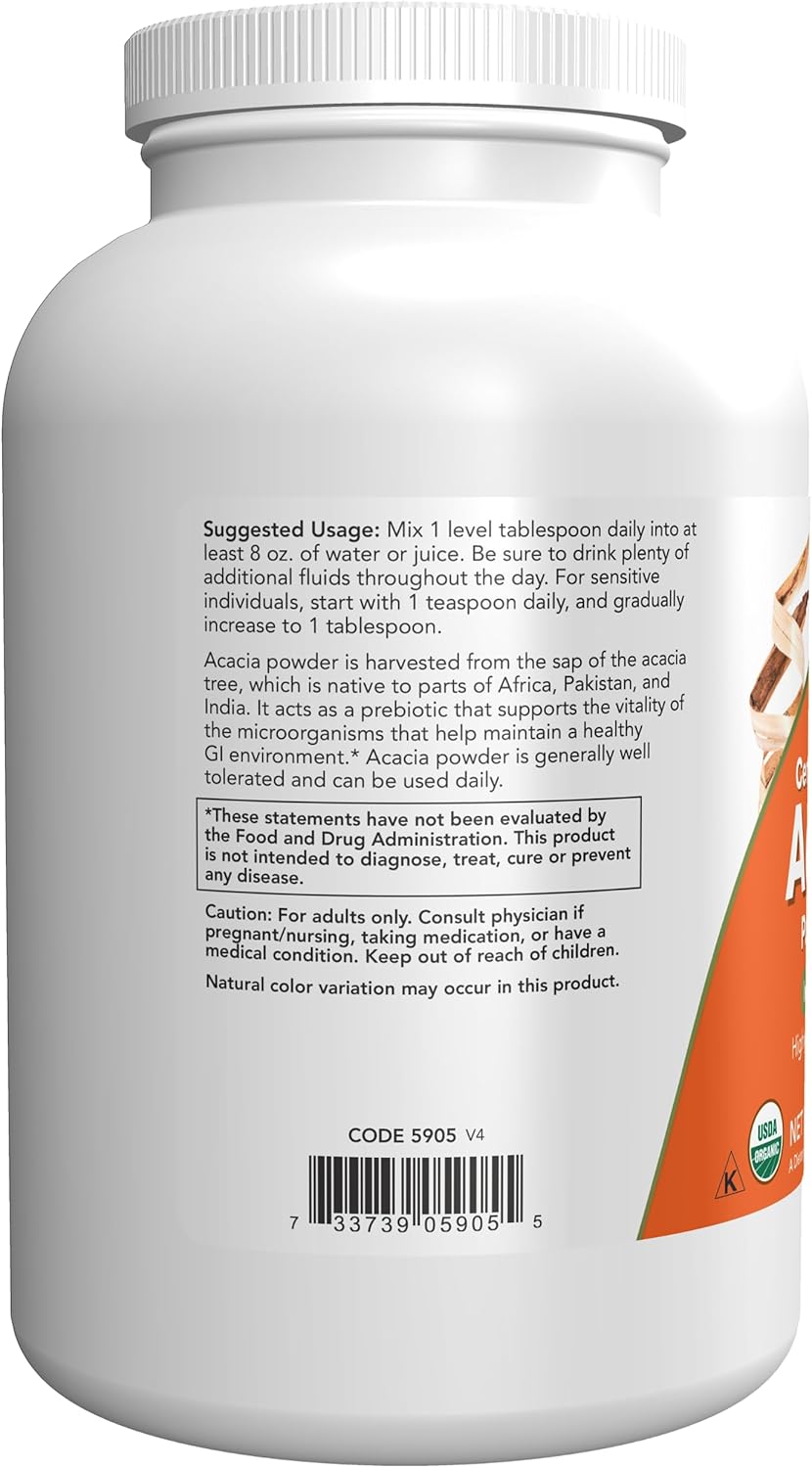 Certified Organic Acacia Pure Powder by NOW Foods - Highly Soluble for Intestinal Health - 12-Ounce Container