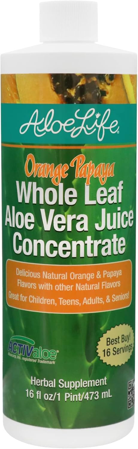 Certified Organic Aloe Life Whole Leaf Aloe Vera Juice with Trace Minerals - Gluten-Free Orange Papaya Flavor 16 oz