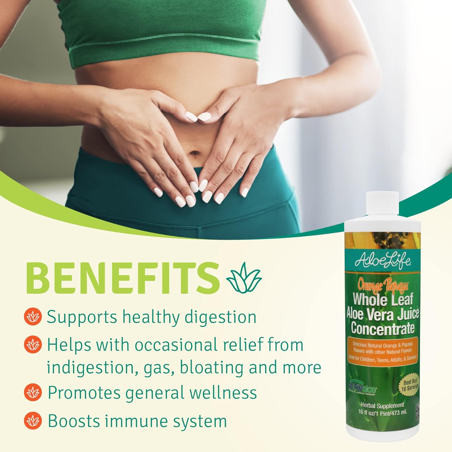 Certified Organic Aloe Life Whole Leaf Aloe Vera Juice with Trace Minerals - Gluten-Free Orange Papaya Flavor 16 oz