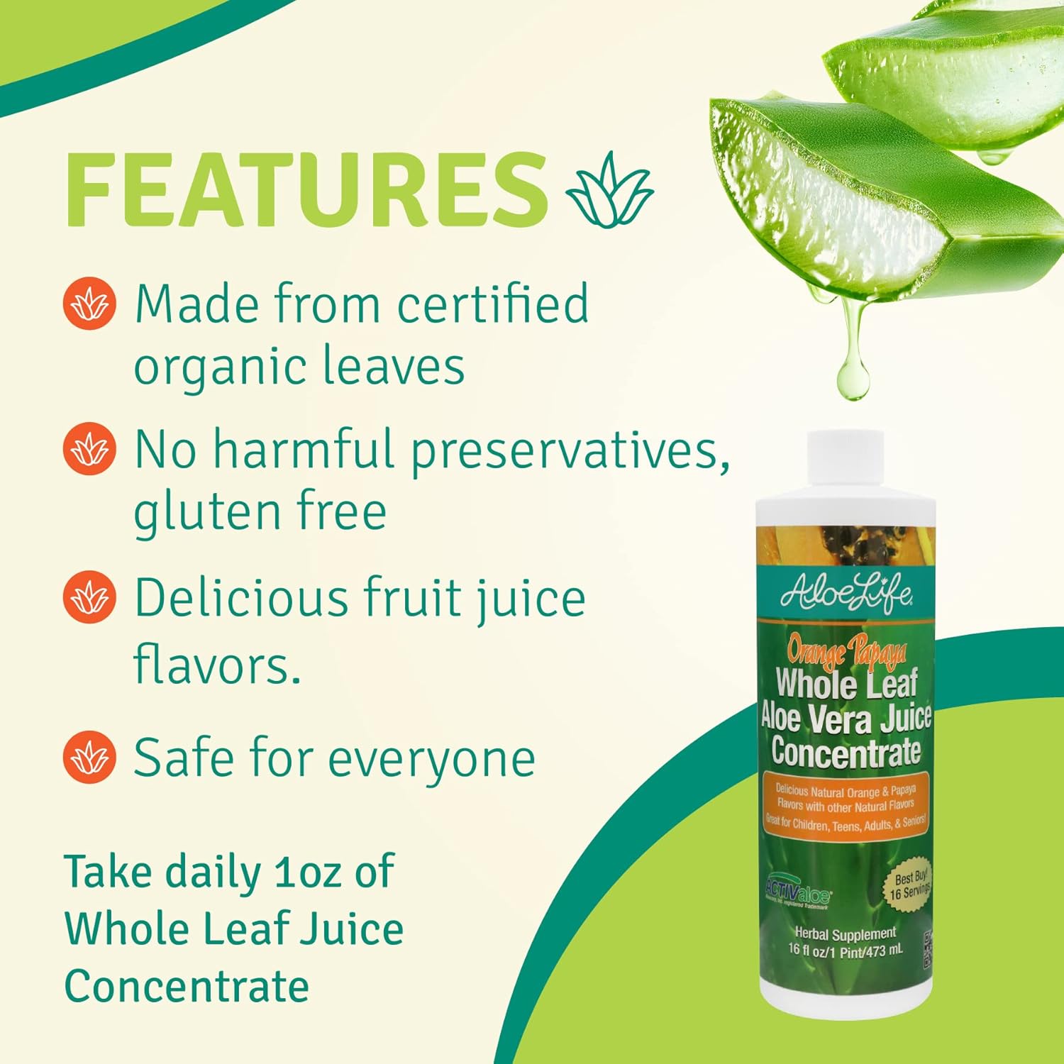 Certified Organic Aloe Life Whole Leaf Aloe Vera Juice with Trace Minerals - Gluten-Free Orange Papaya Flavor 16 oz