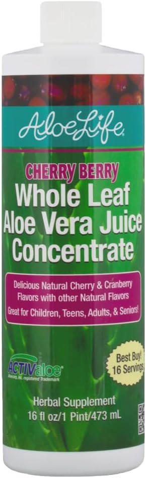 Certified Organic Aloe Vera Juice with Trace Minerals - Cherry Berry Flavor, 16 oz Bottle, Gluten-Free