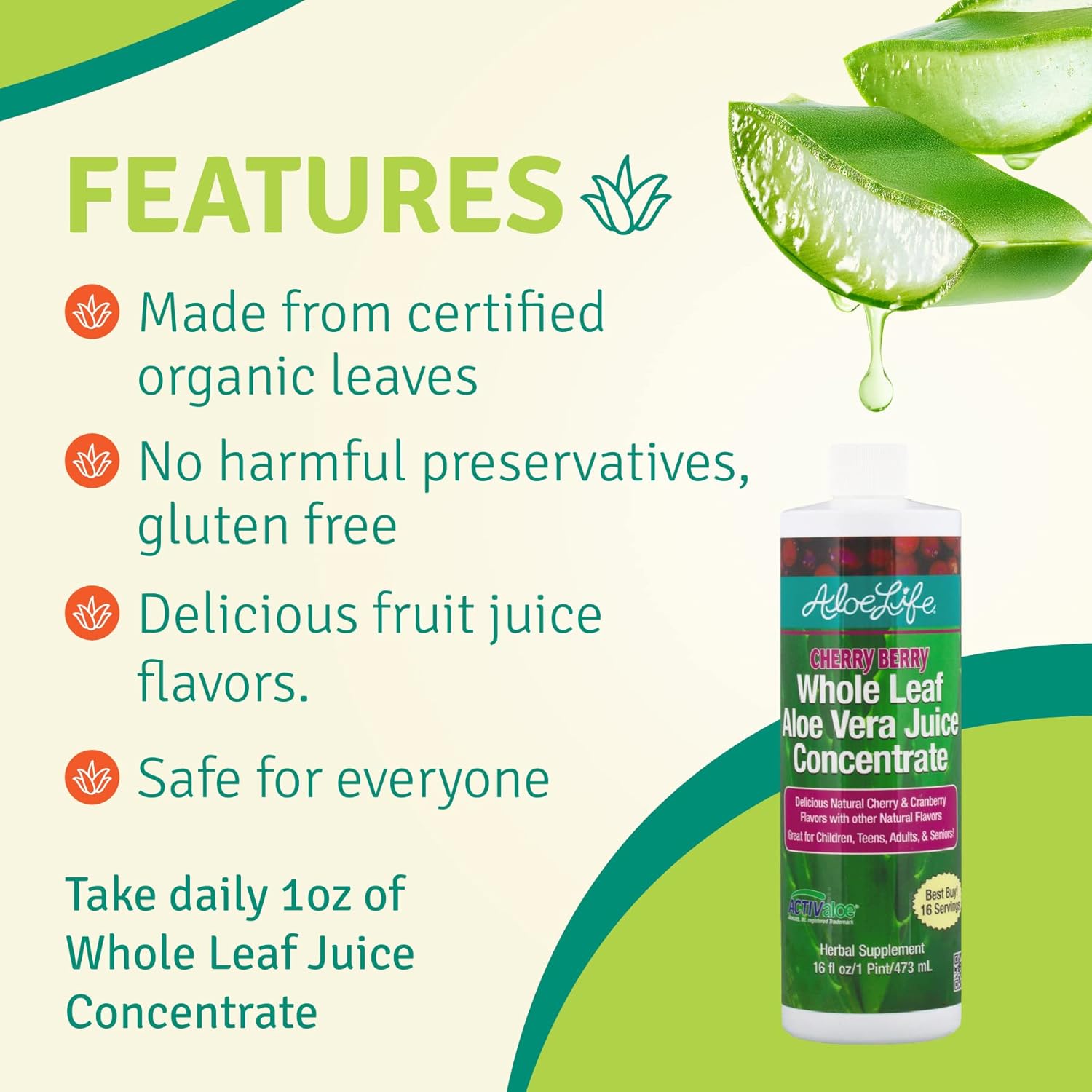Certified Organic Aloe Vera Juice with Trace Minerals - Cherry Berry Flavor, 16 oz Bottle, Gluten-Free