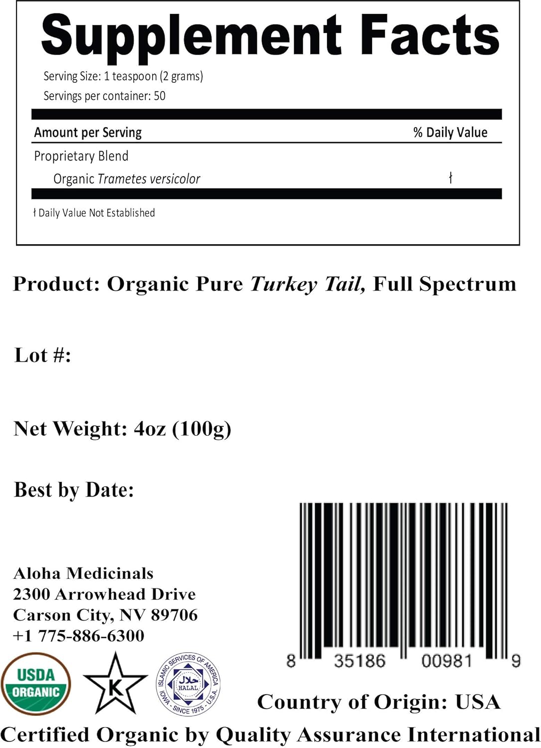 Certified Organic Aloha Medicinals Turkey Tail Mushroom Powder Supplement - 4 oz Bag for Natural Health