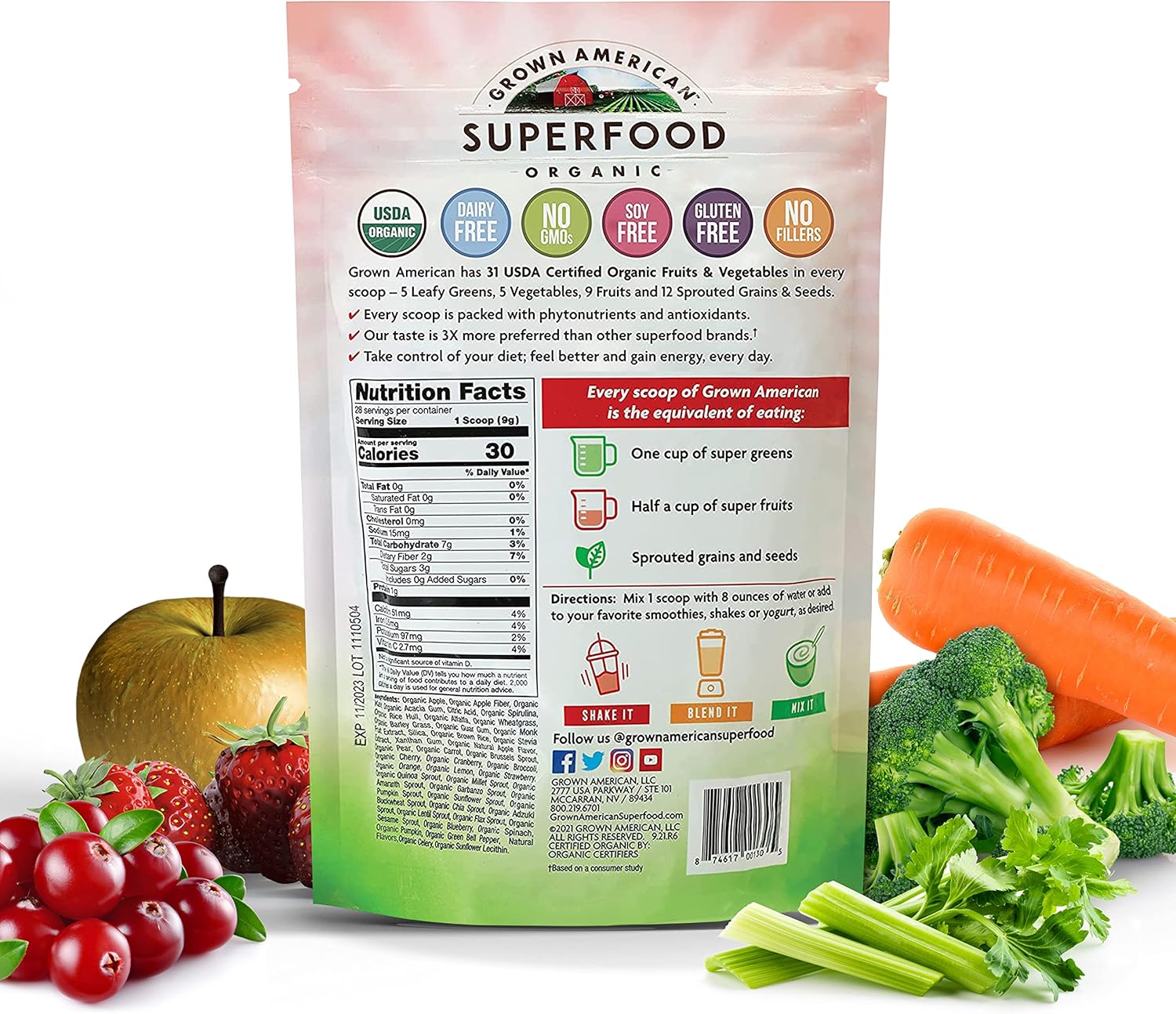 Certified Organic American Superfood Powder with 31 Whole Fruits and Vegetables - Boost Energy and Performance - Vegan Non-GMO - 28 Servings