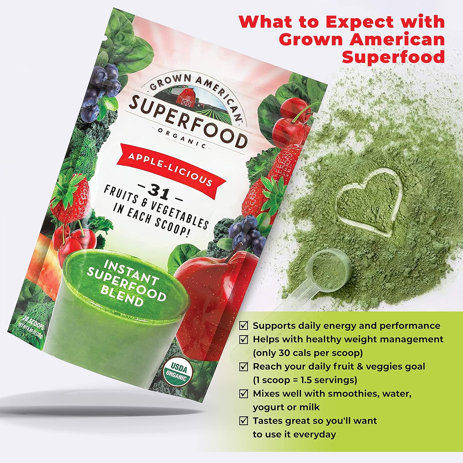 Certified Organic American Superfood Powder with 31 Whole Fruits and Vegetables - Boost Energy and Performance - Vegan Non-GMO - 28 Servings