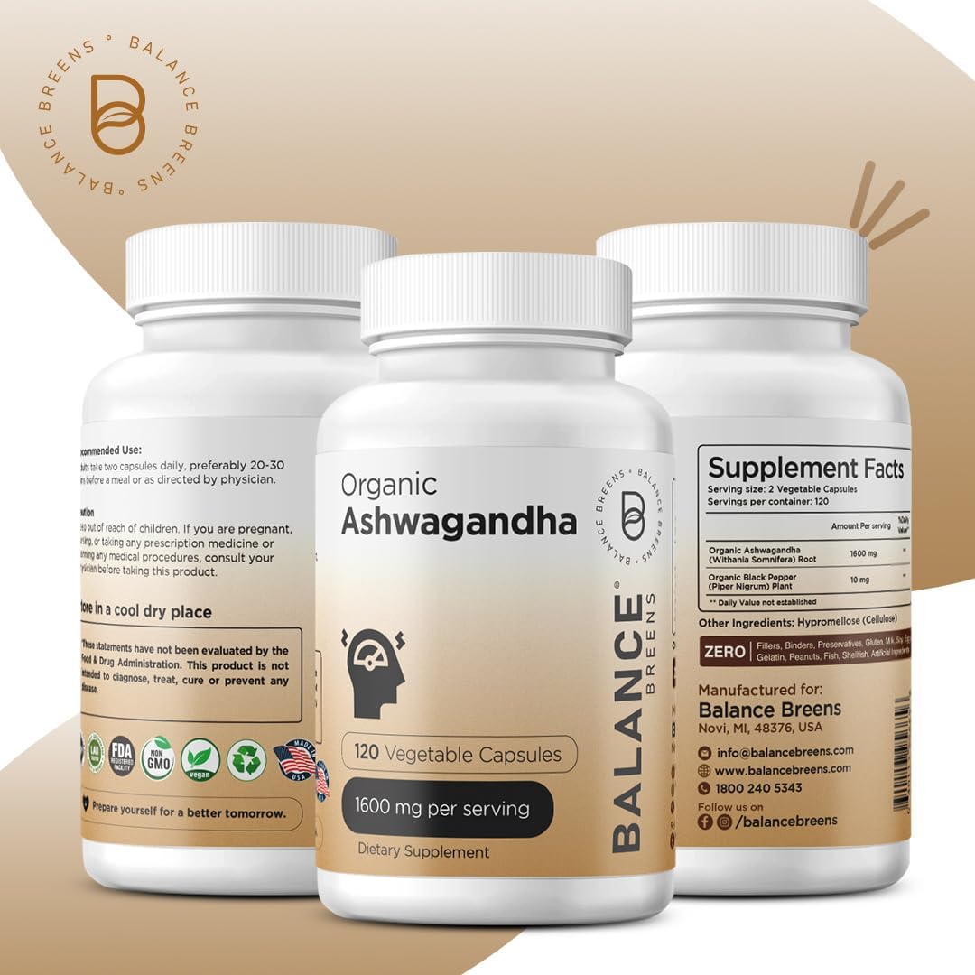 Certified Organic Ashwagandha 1600 mg + Citrus Bergamot 500mg Supplement Combo by Balancebreens: Enhance Balance and Wellness