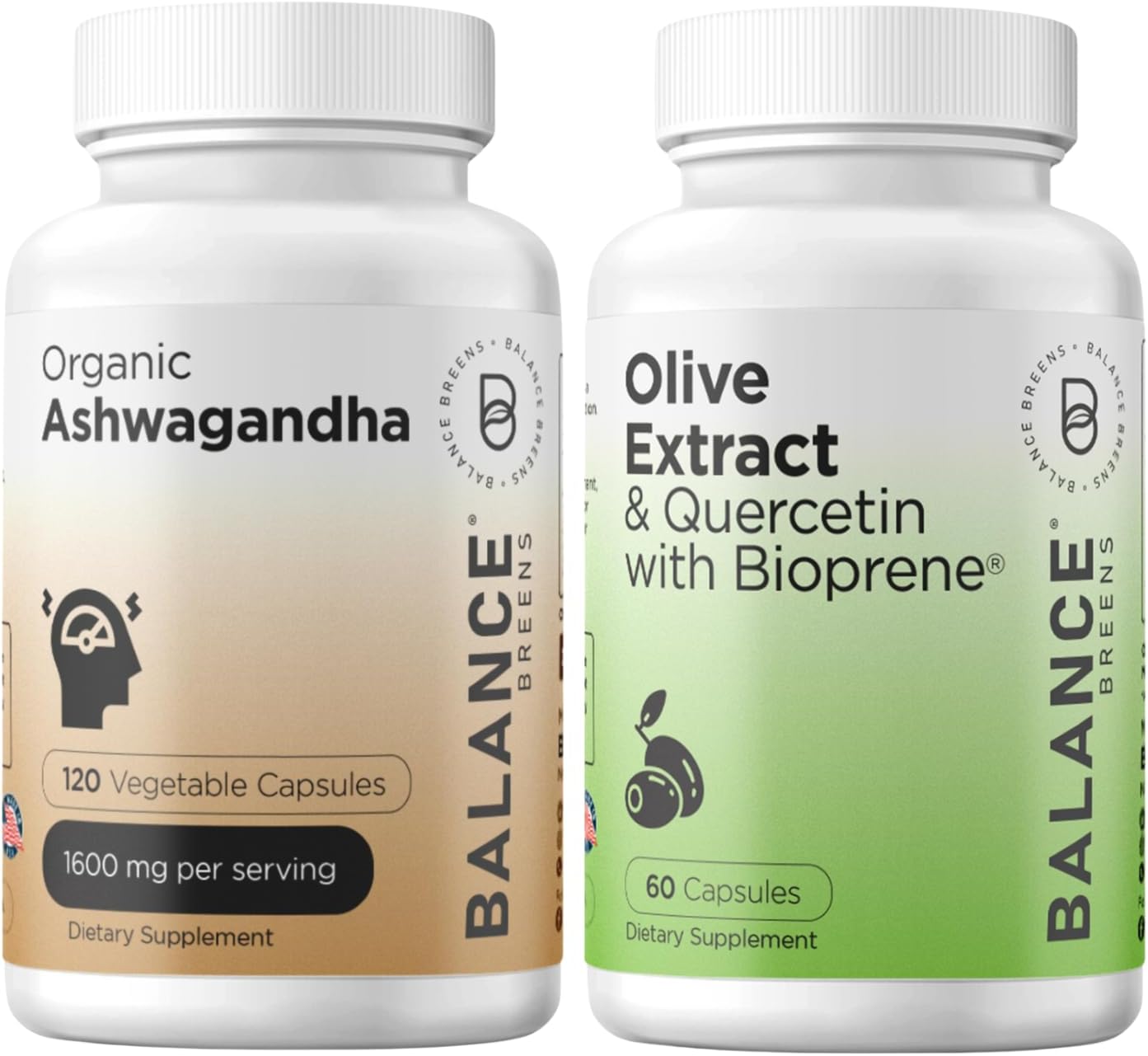 Certified Organic Ashwagandha 1600mg with Immunity-Boosting Olive Leaf Extract and Quercetin 400mg - Supplement Combo with Bioperine