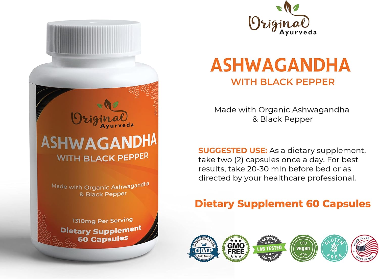 Certified Organic Ashwagandha & Black Pepper Supplement - 1310mg - Non-GMO, Gluten-Free - Lab Tested