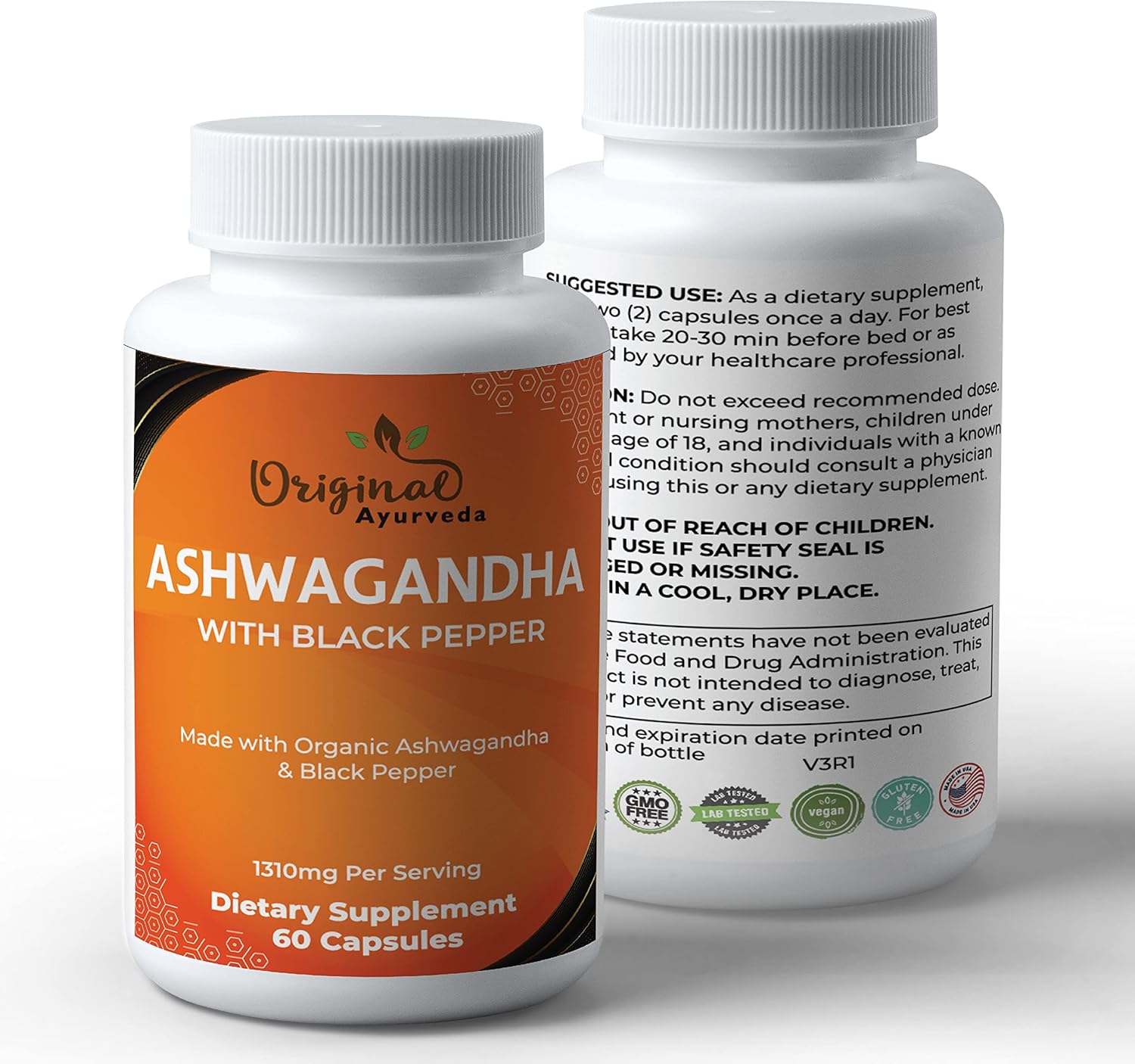 Certified Organic Ashwagandha & Black Pepper Supplement - 1310mg - Non-GMO, Gluten-Free - Lab Tested