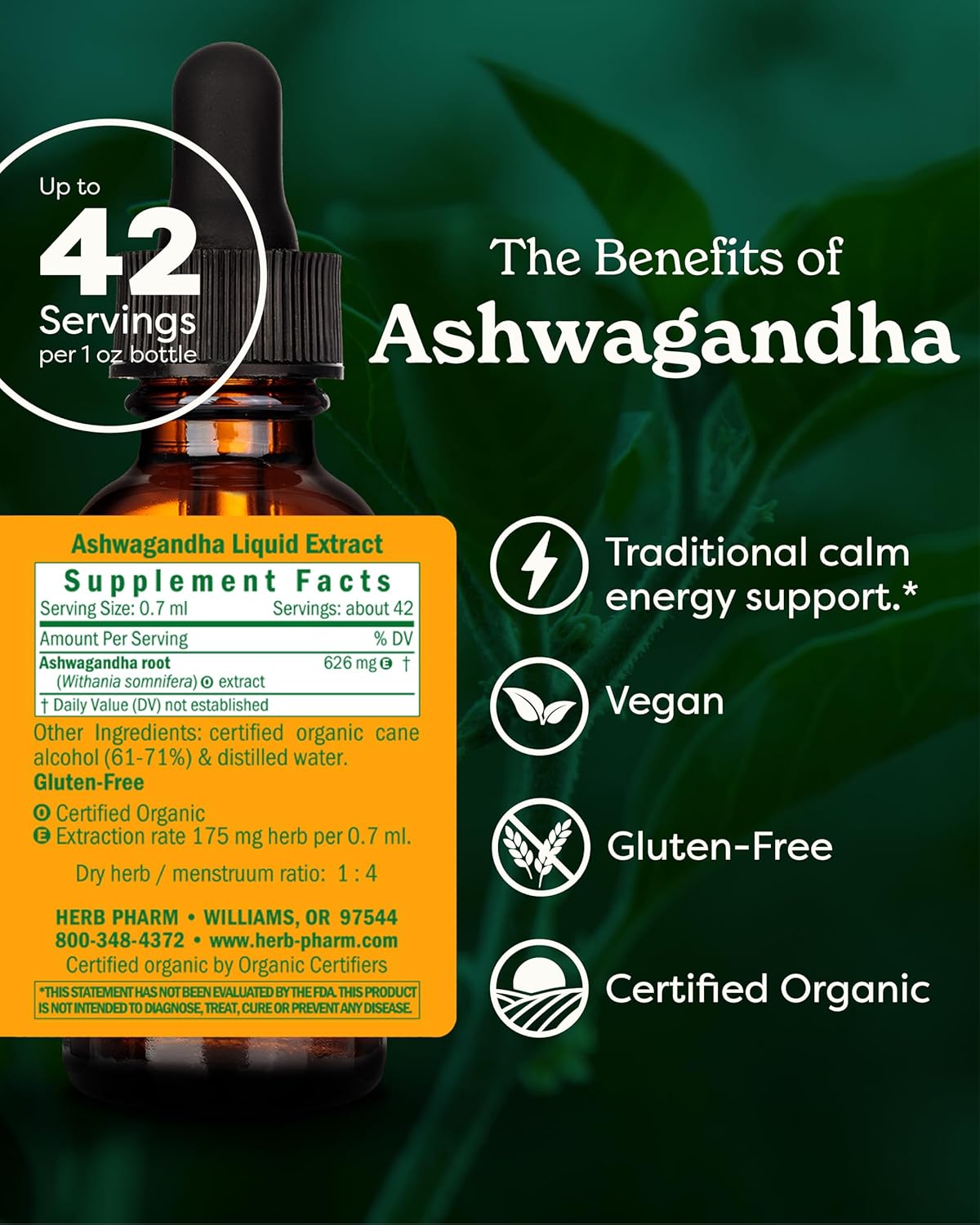 Certified Organic Ashwagandha Extract for Energy and Vitality - Herb Pharm - 1 oz