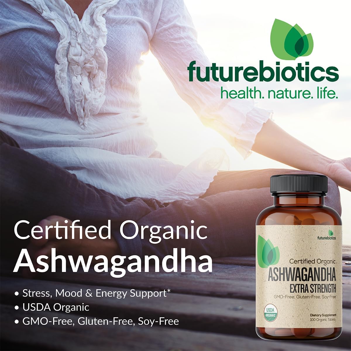 Certified Organic Ashwagandha Tablets for Stress, Mood, and Energy Support - Non-GMO Adaptogenic Herb - 100 Tablets