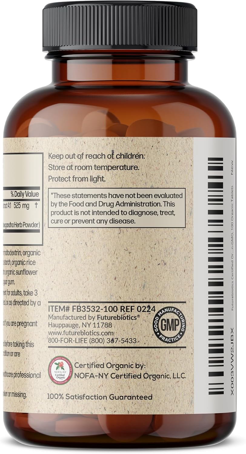 Certified Organic Ashwagandha Tablets for Stress, Mood, and Energy Support - Non-GMO Adaptogenic Herb - 100 Tablets