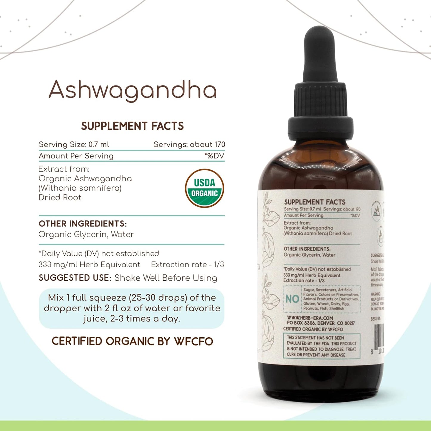 Certified Organic Ashwagandha Tincture | Alcohol-Free Herbal Extract Drops | High-Potency USDA Organic Withania Somnifera Root (4 oz)