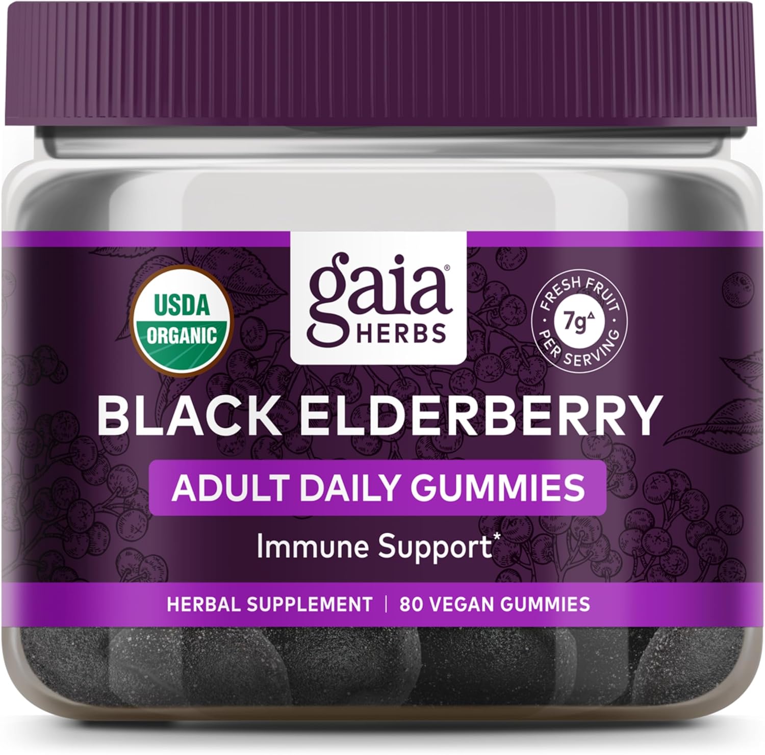 Certified Organic Black Elderberry Adult Daily Gummies for Immune Support - 80 Gummies (40-Day Supply) - Gaia Herbs