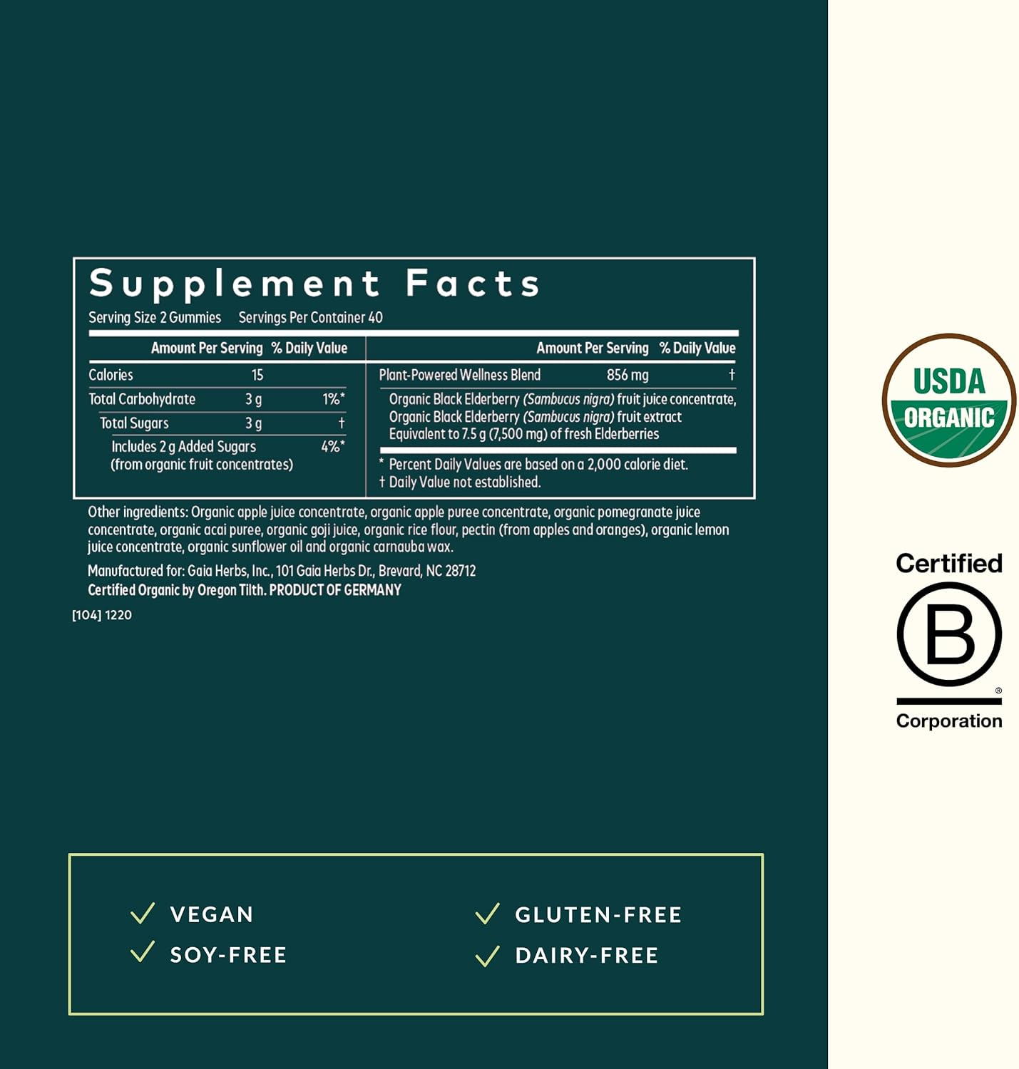 Certified Organic Black Elderberry Adult Daily Gummies for Immune Support - 80 Gummies (40-Day Supply) - Gaia Herbs