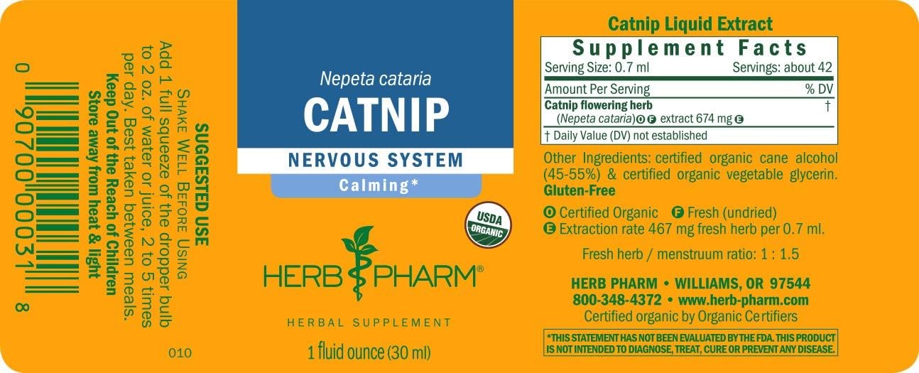 Certified Organic Catnip Liquid Extract by Herb Pharm - Calms Nervous System, 1 Fl Oz