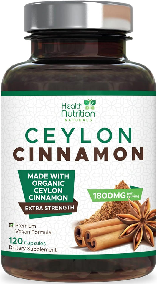 Certified Organic Ceylon Cinnamon Capsules - 1800mg Pure Cinnamon Supplements - Vegan Antioxidant Pills - Non-GMO Gluten Free - 120 Count