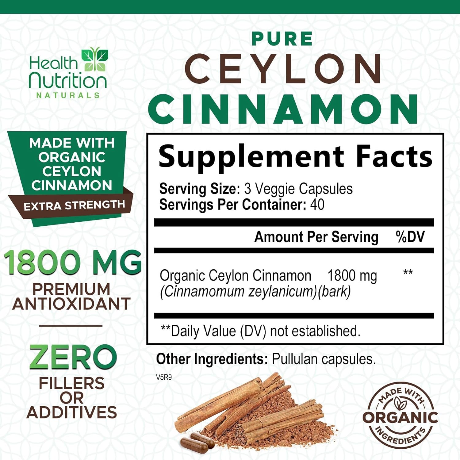 Certified Organic Ceylon Cinnamon Capsules - 1800mg Pure Cinnamon Supplements - Vegan Antioxidant Pills - Non-GMO Gluten Free - 120 Count