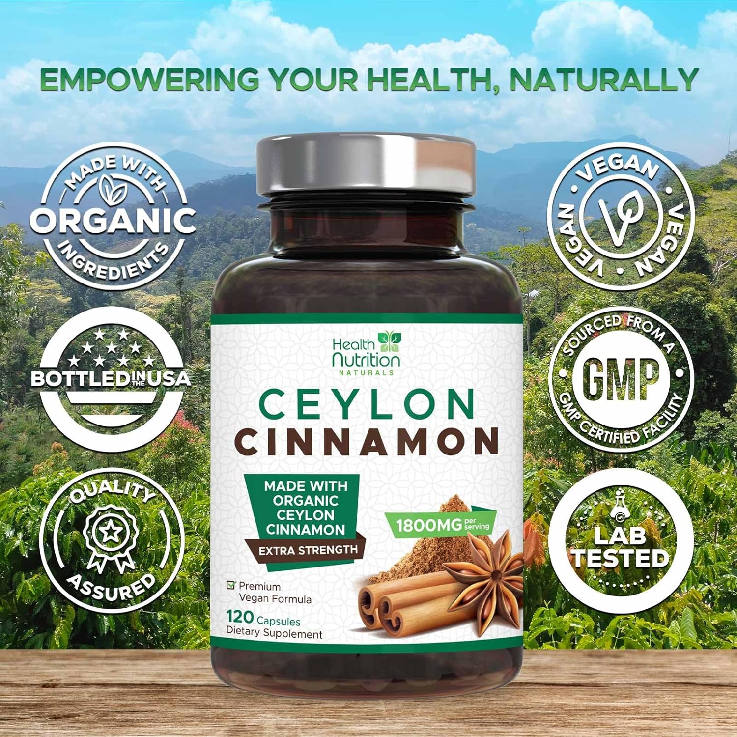 Certified Organic Ceylon Cinnamon Capsules - 1800mg Pure Cinnamon Supplements - Vegan Antioxidant Pills - Non-GMO Gluten Free - 120 Count