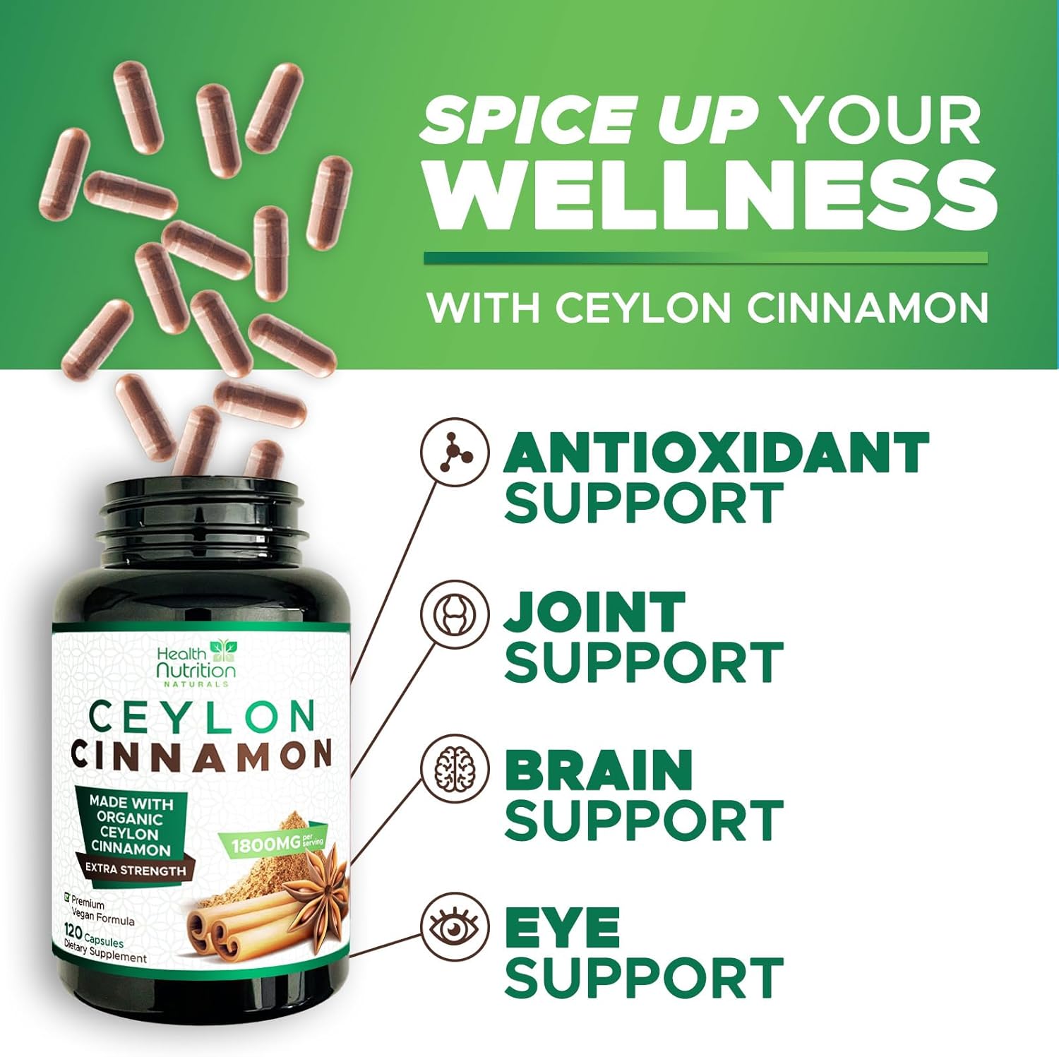 Certified Organic Ceylon Cinnamon Capsules - 1800mg Pure Cinnamon Supplements - Vegan Antioxidant Pills - Non-GMO Gluten Free - 120 Count