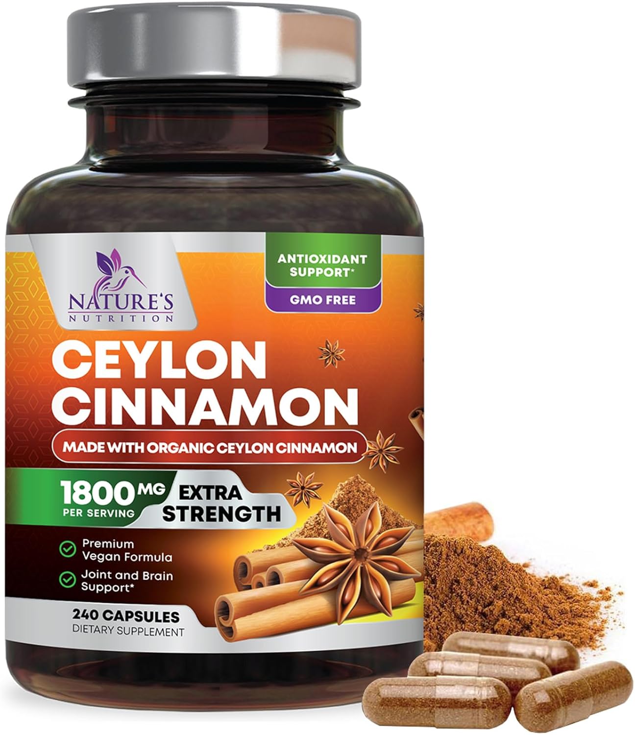 Certified Organic Ceylon Cinnamon Capsules - Non-GMO, Gluten-Free, Dairy-Free - 240 Pills - Vegan Cinnamomum Supplement