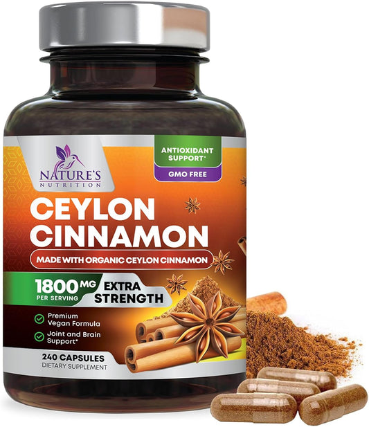 Certified Organic Ceylon Cinnamon Capsules - Non-GMO, Gluten-Free, Dairy-Free - 240 Pills - Vegan Cinnamomum Supplement