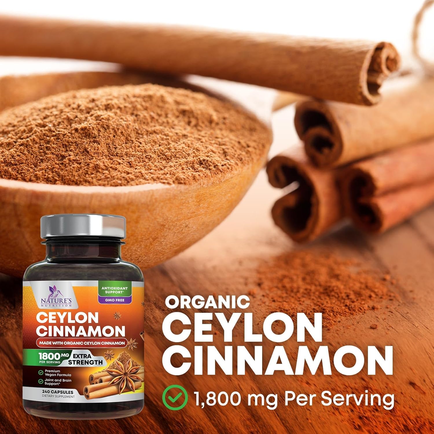 Certified Organic Ceylon Cinnamon Capsules - Non-GMO, Gluten-Free, Dairy-Free - 240 Pills - Vegan Cinnamomum Supplement