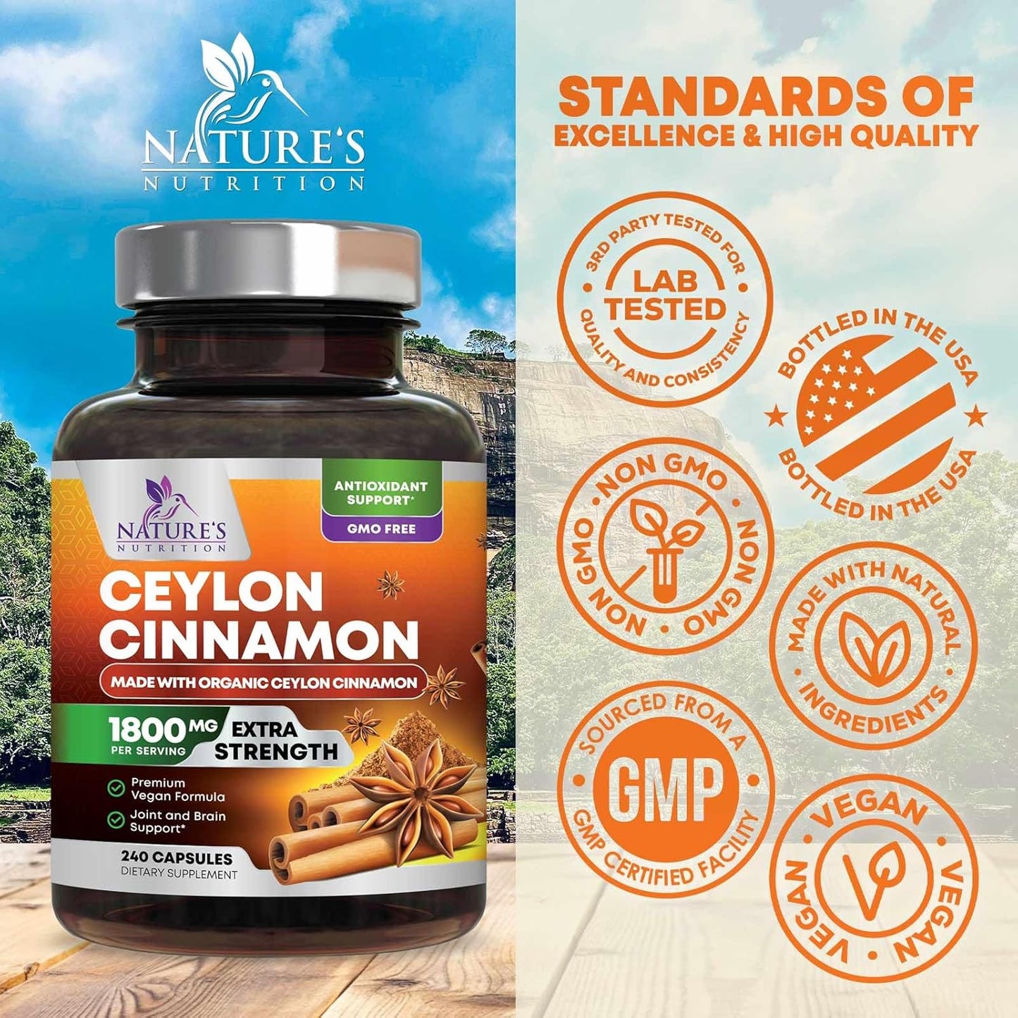 Certified Organic Ceylon Cinnamon Capsules - Non-GMO, Gluten-Free, Dairy-Free - 240 Pills - Vegan Cinnamomum Supplement