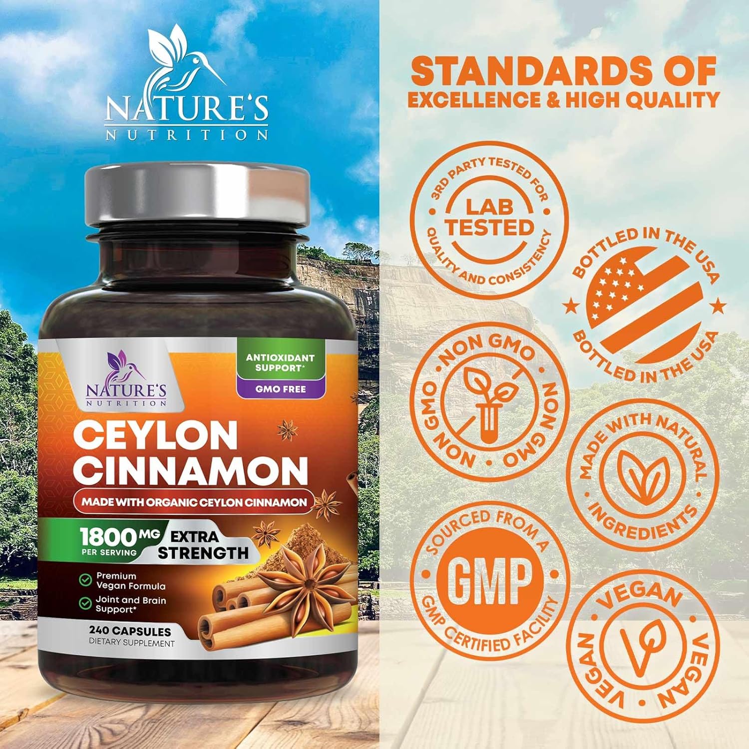 Certified Organic Ceylon Cinnamon Capsules - Non-GMO, Gluten-Free, Dairy-Free - 240 Pills - Vegan Cinnamomum Supplement