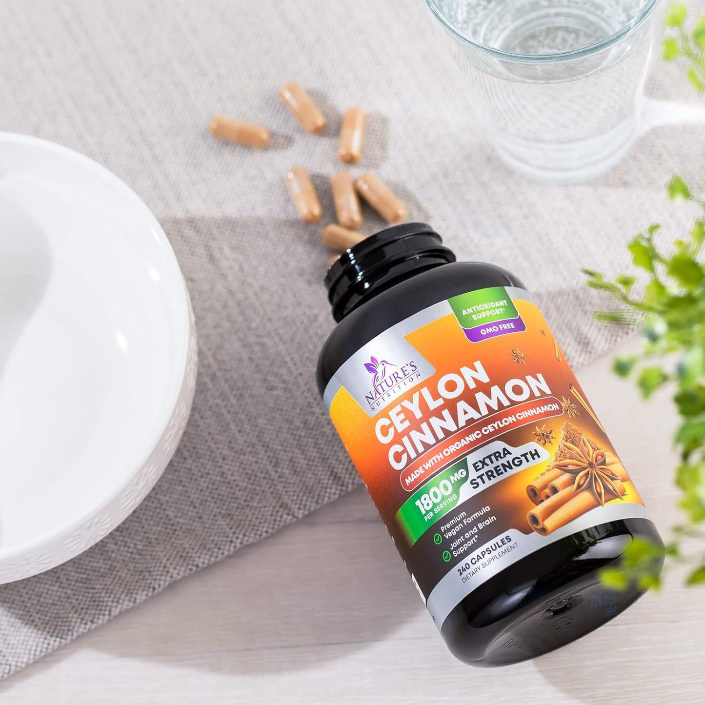 Certified Organic Ceylon Cinnamon Capsules - Non-GMO, Gluten-Free, Dairy-Free - 240 Pills - Vegan Cinnamomum Supplement