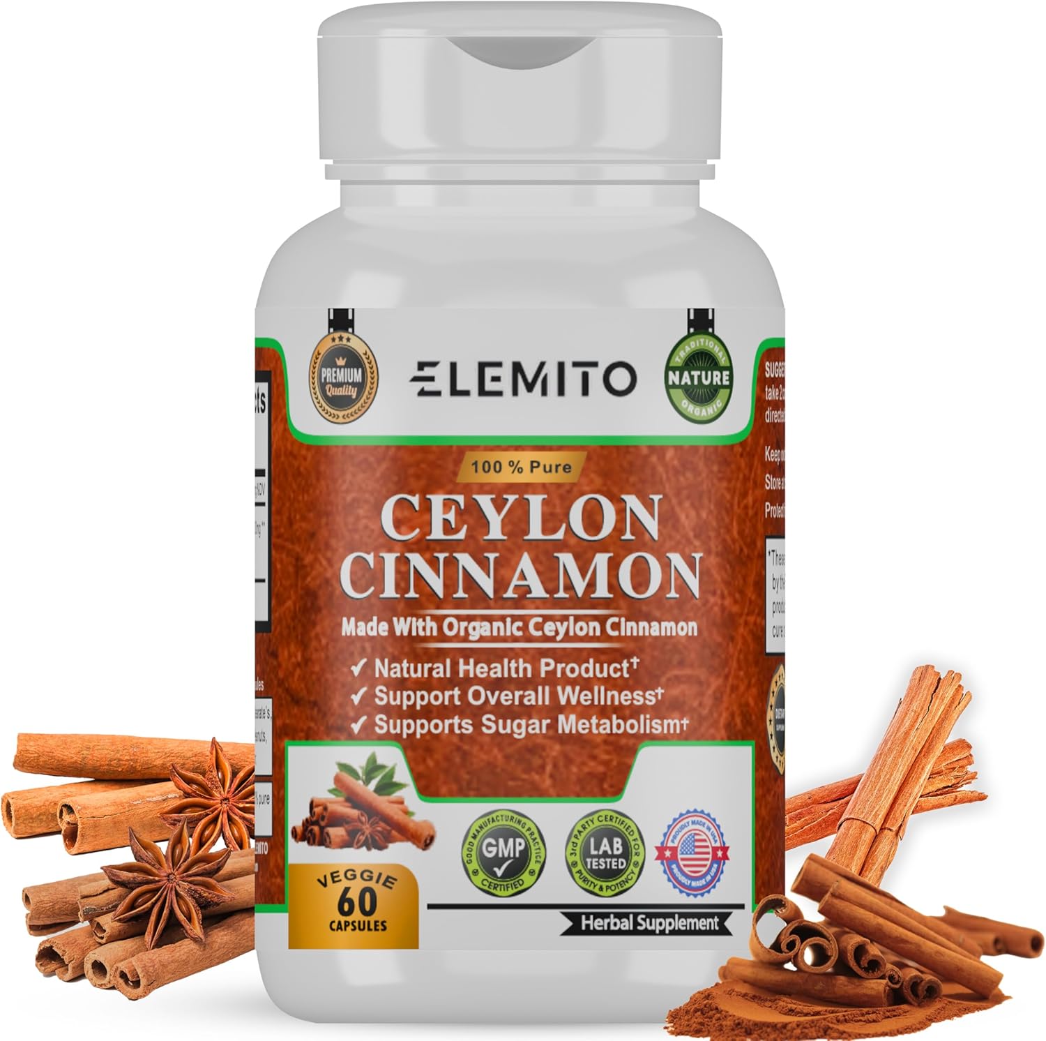 Certified Organic Ceylon Cinnamon Capsules for Energy, Heart & Metabolism Support - 60 Pills, Non-GMO, Vegan, Gluten-Free