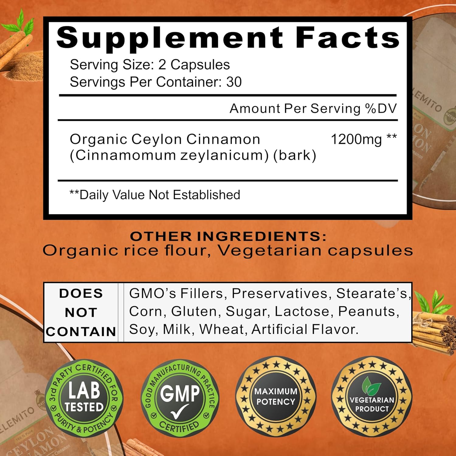 Certified Organic Ceylon Cinnamon Capsules for Energy, Heart & Metabolism Support - 60 Pills, Non-GMO, Vegan, Gluten-Free