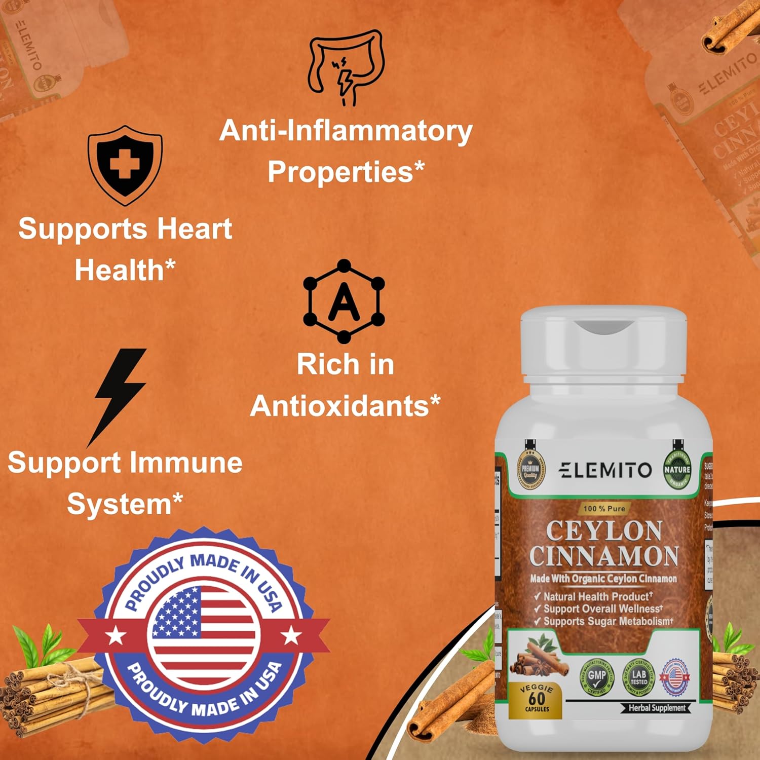 Certified Organic Ceylon Cinnamon Capsules for Energy, Heart & Metabolism Support - 60 Pills, Non-GMO, Vegan, Gluten-Free