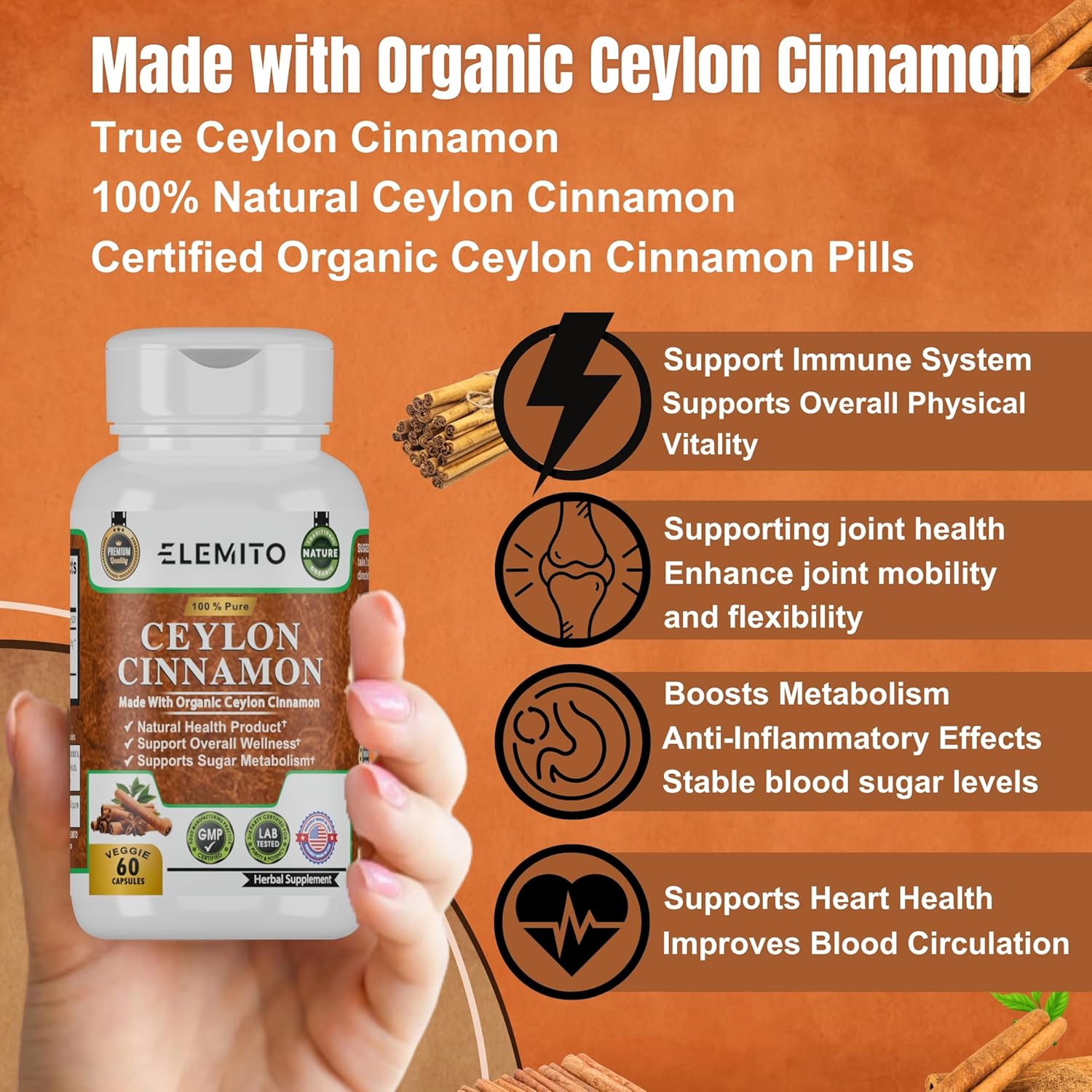 Certified Organic Ceylon Cinnamon Capsules for Energy, Heart & Metabolism Support - 60 Pills, Non-GMO, Vegan, Gluten-Free