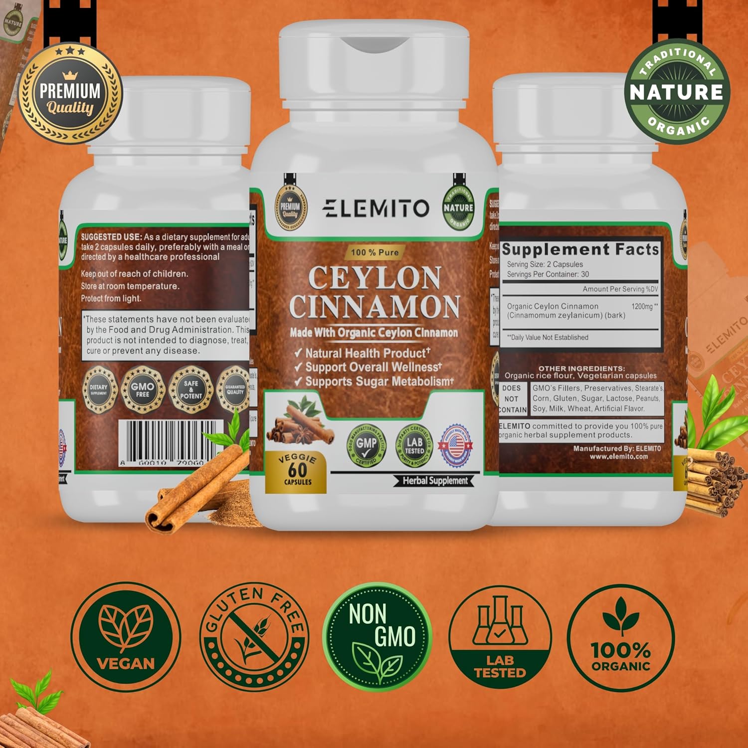 Certified Organic Ceylon Cinnamon Capsules for Energy, Heart & Metabolism Support - 60 Pills, Non-GMO, Vegan, Gluten-Free