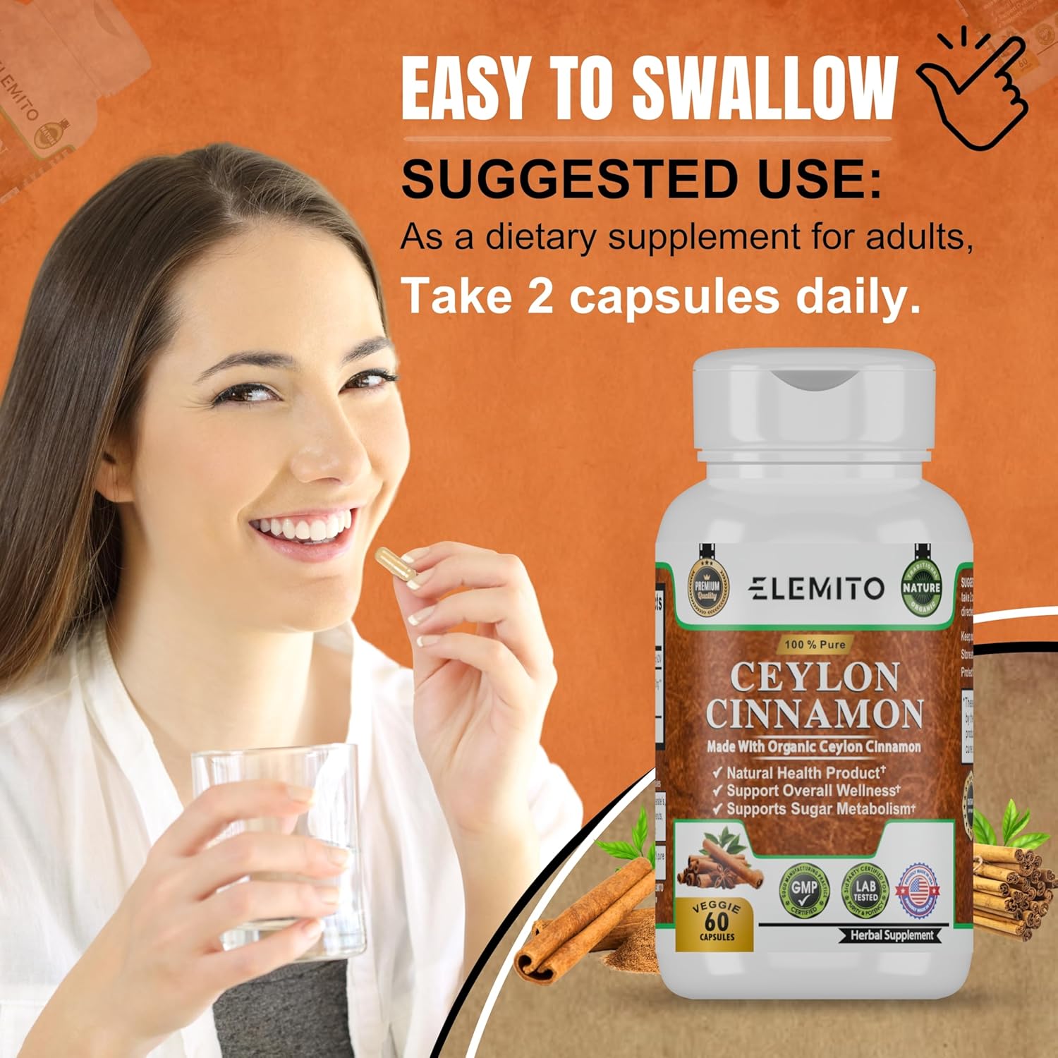 Certified Organic Ceylon Cinnamon Capsules for Energy, Heart & Metabolism Support - 60 Pills, Non-GMO, Vegan, Gluten-Free