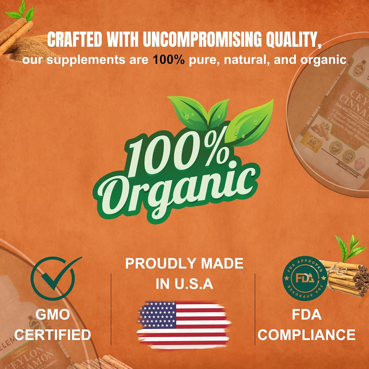 Certified Organic Ceylon Cinnamon Capsules for Energy, Heart & Metabolism Support - 60 Pills, Non-GMO, Vegan, Gluten-Free