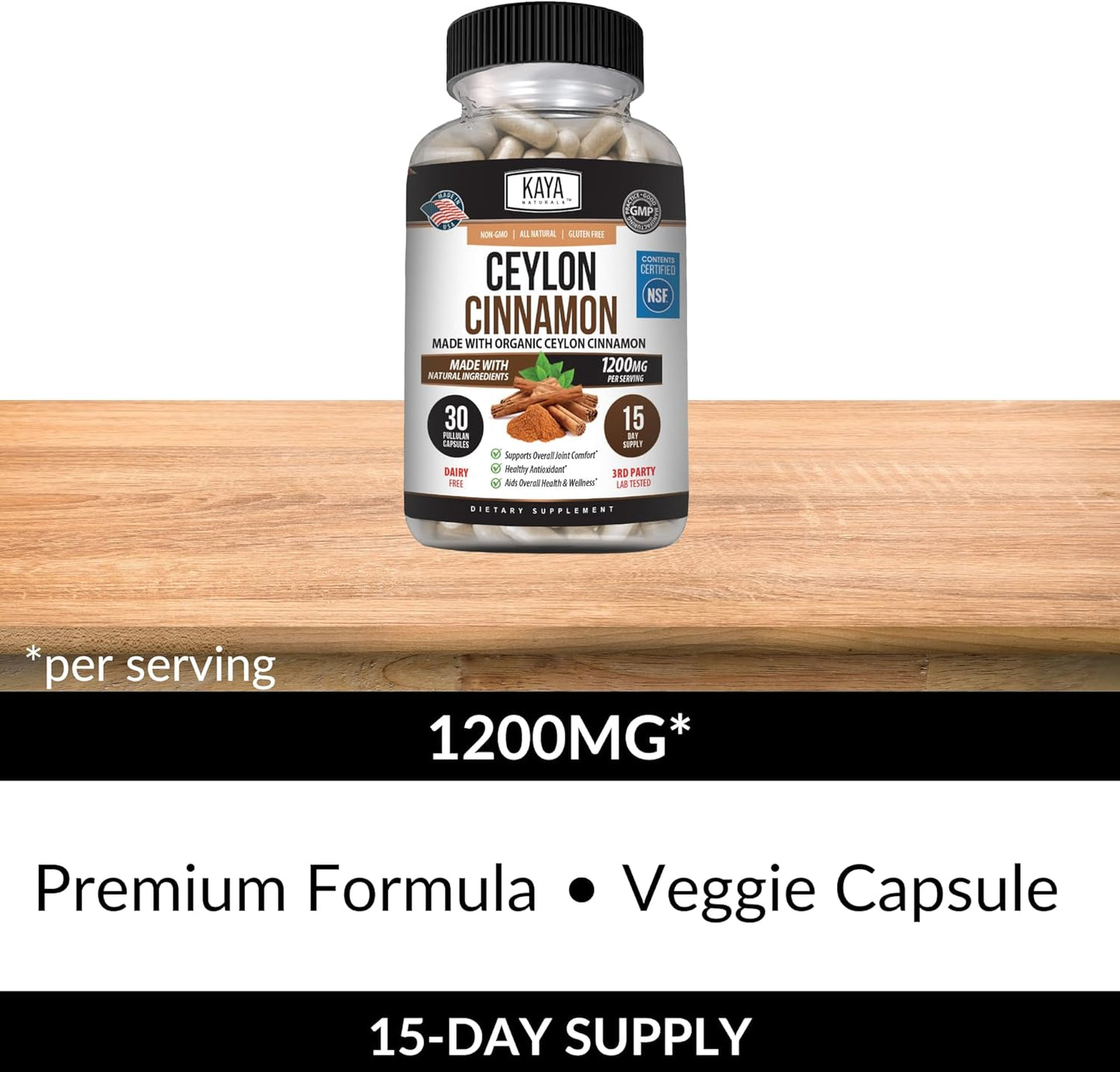 Certified Organic Ceylon Cinnamon Supplement - 1200mg per Serving | Vegan & Non-GMO - 30 Capsules