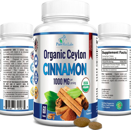Certified Organic Ceylon Cinnamon Tablets - 1000mg per Serving, Antioxidant Supplement, Fast Absorption - 60 Tablets