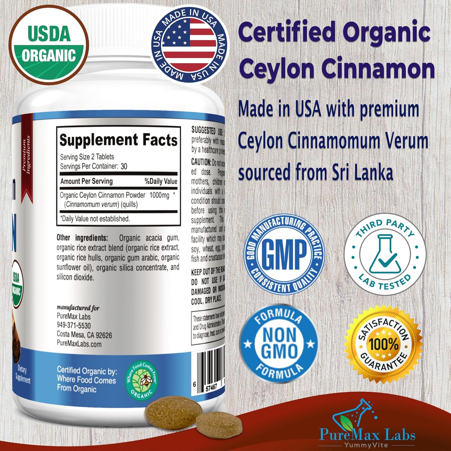 Certified Organic Ceylon Cinnamon Tablets - 1000mg per Serving, Antioxidant Supplement, Fast Absorption - 60 Tablets